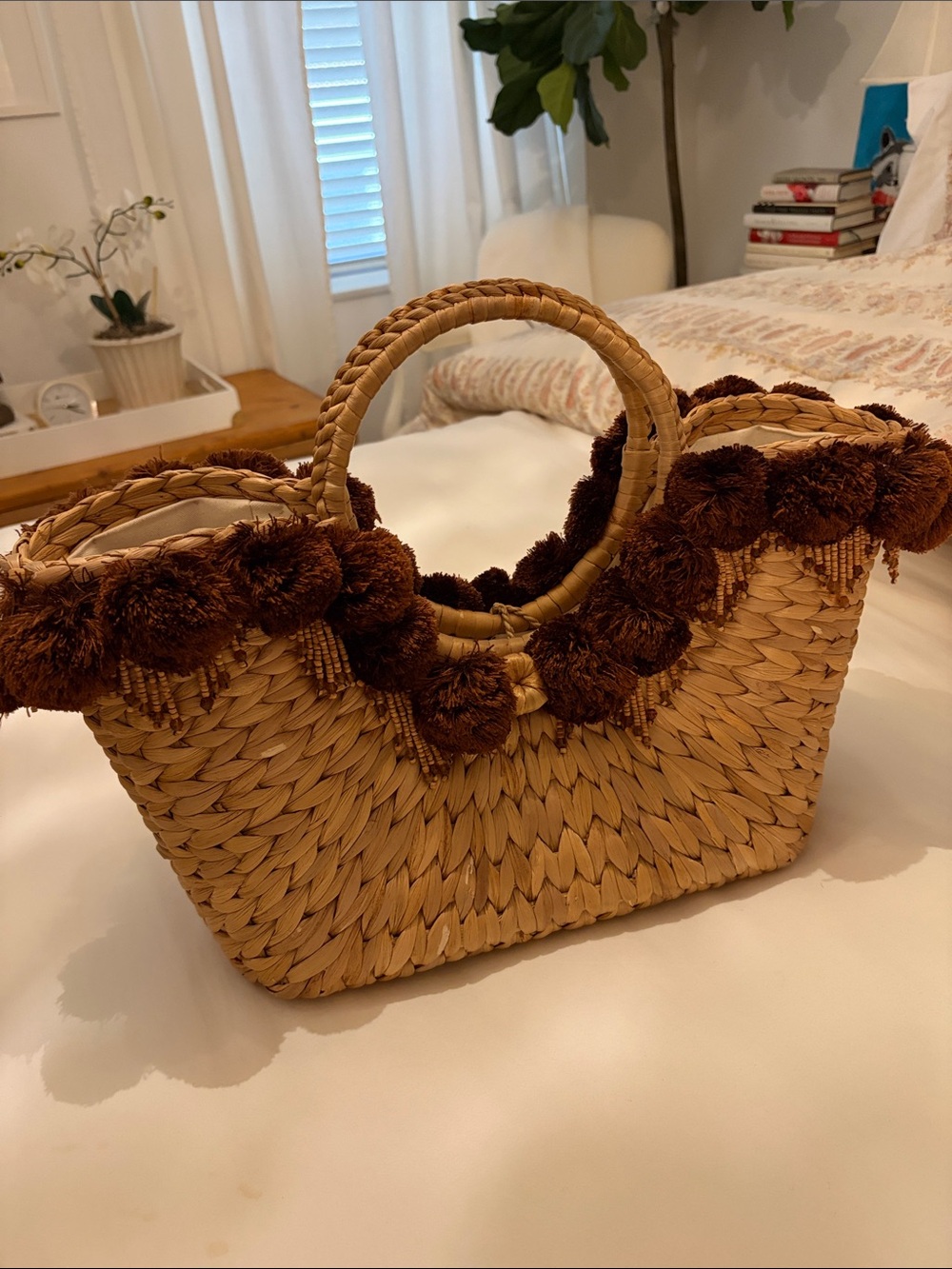 Woven Straw Tote Bag with Brown Pom-Pom Trim